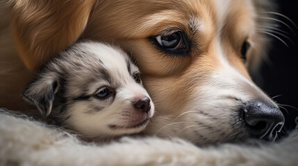 Puppy and mother of golden retriever, close-up