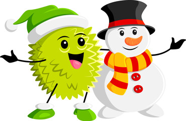 Cartoon Christmas ripe raw durian fruit character wears a Santa Claus hat and cheerful snowman, spreading holiday joy with their festive attire and winter fun. Isolated vector xmas friends personages