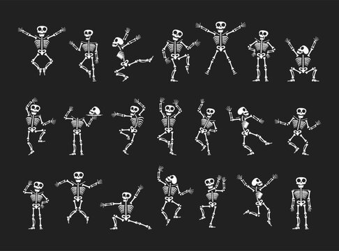 Skeletons Dancing With Different Positions Flat Style Design Vector Illustration Set. Funny Dancing Halloween Or Day Of The Dead Skeletons Collection. Creepy, Scary Human Bones Characters Silhouettes.