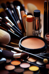 An arrangement with many cosmetic makeup tools close together