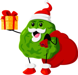 Cartoon Christmas ripe raw bergamot or kaffir fruit Santa Claus character carries gift box and bag. Isolated vector xmas Father Noel tropical fruit personage deliver presents, festive spirit and joy