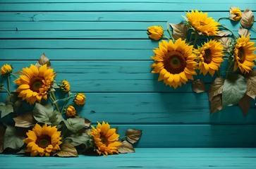 Rolgordijnen Beautiful floral background, sunflowers on teal rustic wood banner with copy space text  © Karlo