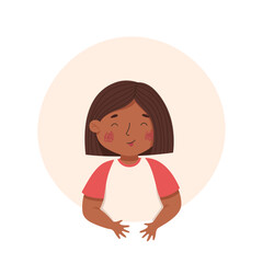 Happy black-skinned little girl shows tongue. Vector cartoon illustration. Funny kids characters. Child in the colorful circle and the white background. Ideal for avatar, portrait, stickers