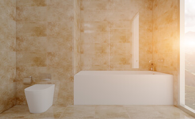 Bathroom interior bathtub. 3D rendering.. Sunset.