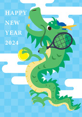 辰年の年賀状用のテニスをする龍のベクターイラスト