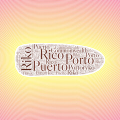 Puerto Rico shape formed by country name in multiple languages. Puerto Rico border on stylish striped gradient background. Vibrant poster. Astonishing vector illustration.