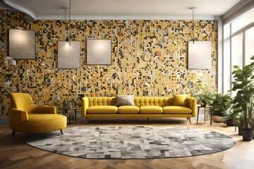 A modern and chic lounge area featuring a yellow sofa and chair placed against a wall adorned with a mosaic of vibrant colors.