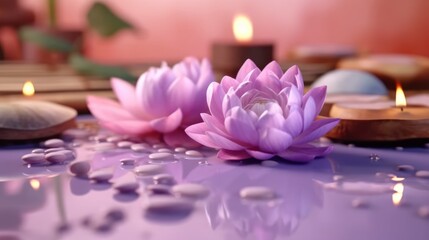 lotus flowers in the water and zen stones with scented candles, spa and wellness concept