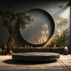 Black marble pedestal in dark room with candles. 3D rendering AI Generative Illustration. Podium for product shoot.