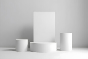 3d render of white round podium on the wooden floor in the modern room. AI Generative Illustration. Podium for product shoot. Minimal Display for product.