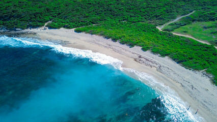 Aerial View to the Green Coastline of the Pointe des Chateaux beach, Guadeloupe