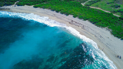 Aerial View to the Green Coastline of the Pointe des Chateaux beach, Guadeloupe