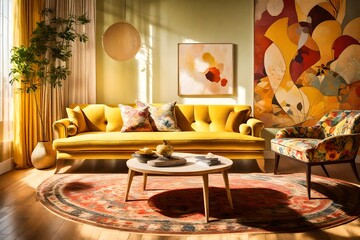 A modern living room boasts a striking contrast between a lemon-yellow sofa and chair and a wall adorned with an abstract collage of colors.