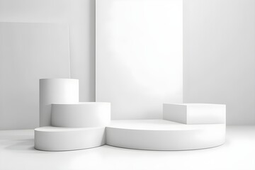 Fototapeta na wymiar 3d render of white round podium on the wooden floor in the modern room. AI Generative Illustration. Podium for product shoot. Minimal Display for product.