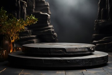 Fototapeta premium Black marble podium on a dark background. 3d rendering mock up AI Generative Illustration. Podium for product shoot.