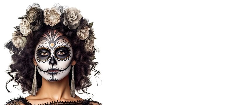 Woman with black and white makeup for the Day of the Dead. Skull make-up on young woman for Mexico, celebration of the dead. Halloween mask, costume. Zombie art.