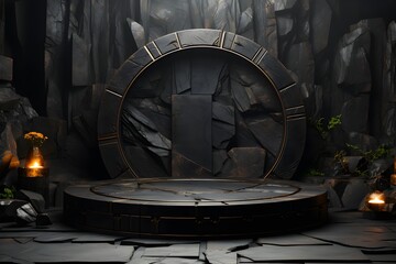 Futuristic dark room with stone floor, 3d render. AI Generative Illustration. Podium for product shoot.