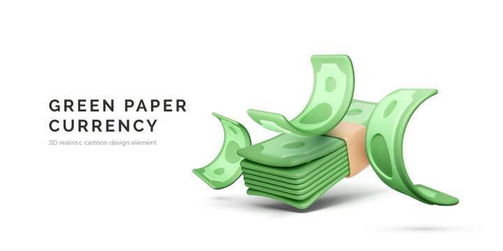 Green paper currency. 3D render of dollar banknotes falling to money bundle. Vector