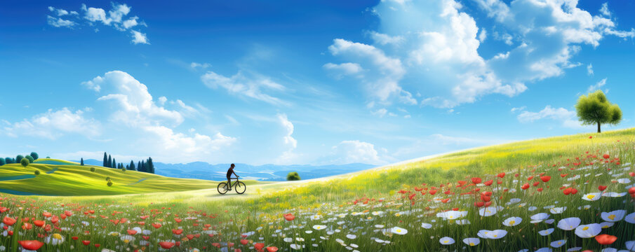 Summer landscape with bicycle and meadows full of flowers. Holiday sunshine banner.