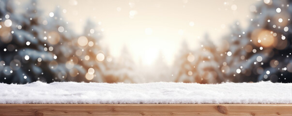Empty wooden table in front of winter snowy background. copy space for text.