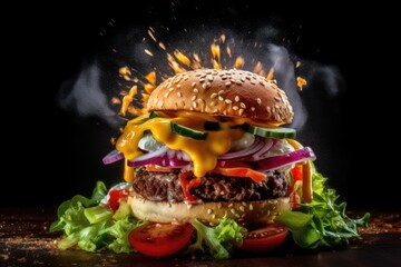 Gourmet cheeseburger with grilled meat tomato onion and rustic bun on black background