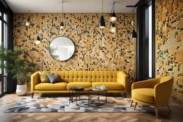 A modern and chic lounge area featuring a yellow sofa and chair placed against a wall adorned with a mosaic of vibrant colors.