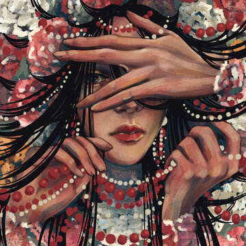 
girl in beads and flowers, someone closes her eyes