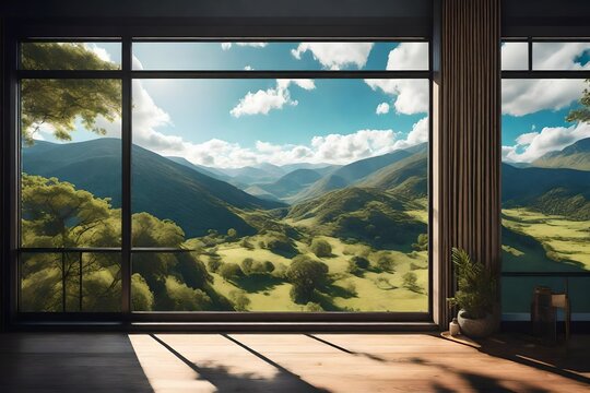 Fototapeta landscape nature view background. view from window at a wonderful landscape nature view, 3d render