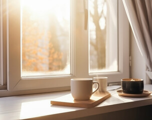 A cup of tea or coffee on a wooden windowsill with morning sunlight from the window. Generated AI. Autumn rustic style
