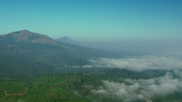 4k Aerial Dolly Forward Shot of Flying up above the clouds on a green forest towards mountains of Wayanad