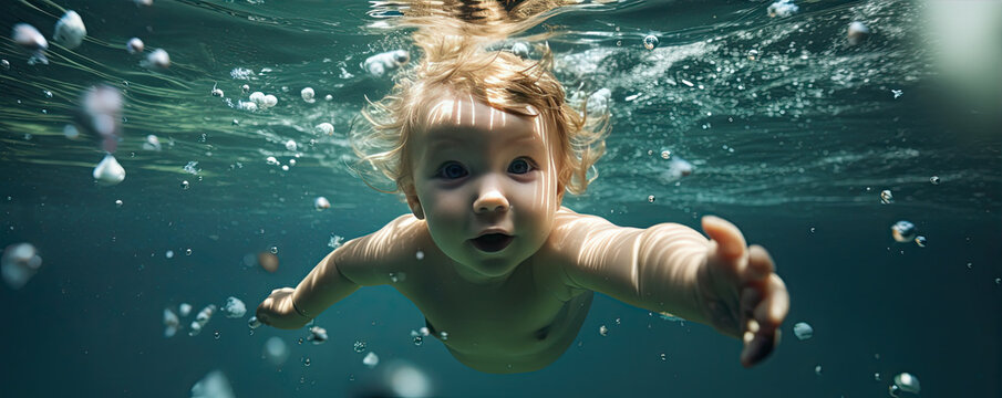 baby swiming underwater. Diving todler looking into camera.