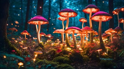 Beautiful fantasy glowing mushrooms with fireflies in the magical forest at night. Illustration of abstract background for graphic design