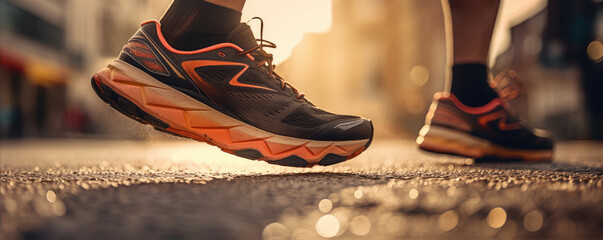 Sport running shoe detail on street. Run concept