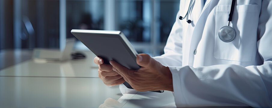 Doctor using digital tablet in hospital rooms. digital healthcare and medicine review.  banner