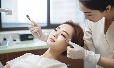A woman receiving professional makeup application from a skilled artist