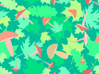 Autumn seamless pattern with leaves and mushrooms. Leaf fall, maple and oak leaves with different mushrooms. Design for wallpaper, print, typography and wrappers. Vector illustration