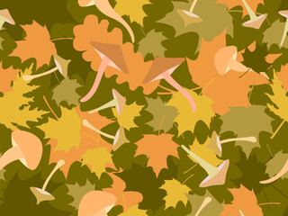 Autumn seamless pattern with leaves and mushrooms. Leaf fall, maple and oak leaves with different mushrooms. Design for wallpaper, print, typography and wrappers. Vector illustration