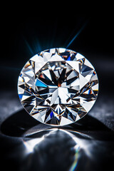 Diamond isolated on black background. Luxury colorless transparent sparkling gemstone diamond round shape cut