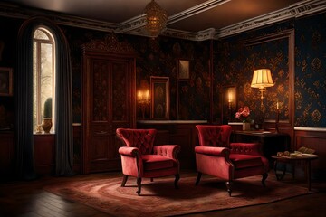 Fototapeta premium The room is adorned with luxurious furniture, including a plush armchair upholstered in deep velvet. Soft candlelight casts warm and inviting shadows, creating an ambiance of quiet elegance. 3d render