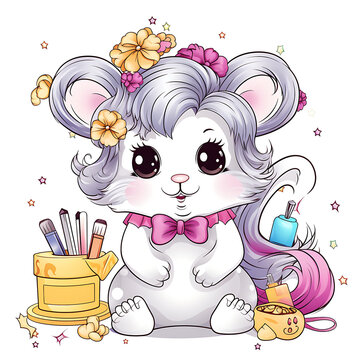 Cute Hamster experimenting with different hairstyles and hair accessories, white background model 19