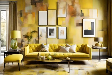 A modern living room boasts a striking contrast between a lemon-yellow sofa and chair and a wall adorned with an abstract collage of colors.