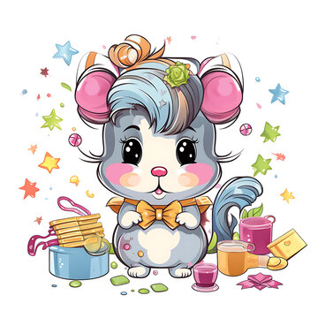 Cute Hamster experimenting with different hairstyles and hair accessories, white background model 5