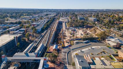 Aerial drone view of the construction site of the new metro station at St Marys in Western Sydney,...