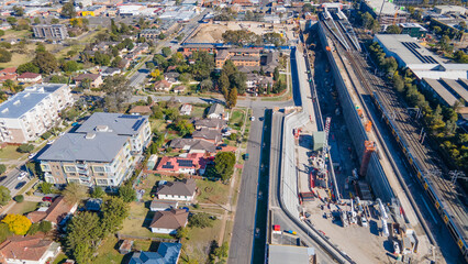 Aerial drone view of the construction site of the new metro station at St Marys in Western Sydney,...
