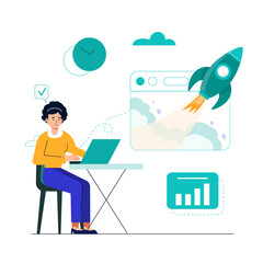 Empowering Women Entrepreneurs, Flat Hand-Drawn Vector Illustration of a Person Initiating a Project in a Startup, Vector