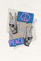 Vertical collage picture of black white colors arms demonstrate v-sign dialogue bubble peace hippie...