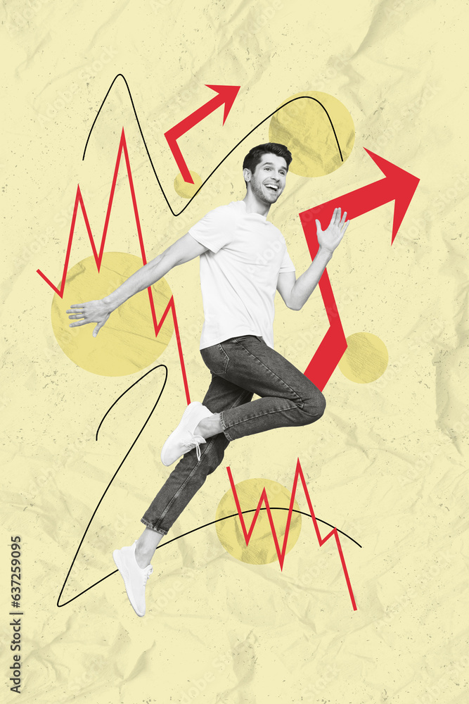 Poster vertical image collage artwork of funny businessman running up high result increasing arrows graphic