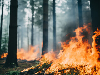 the begining of wildfire in the forest, environmental pollution and danger