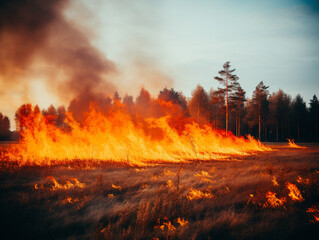 Strong  nature fire, burned trees and field, pollution and smoke.