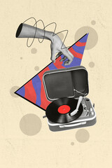 Collage composite design illustration 3d image of hand catch expensive retro turntable recorder...